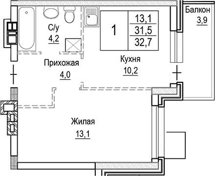 Планировка: 1-комнатная квартира 31,5 м² в ЖК «Лесная Отрада»