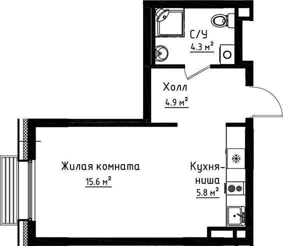 Планировка: Студия 30,6 м² в ЖК «Коллекция»