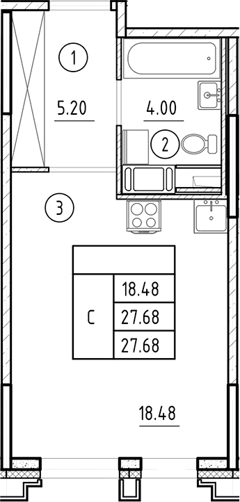 Планировка: Студия 27,7 м² в ЖК «Ассамблея»