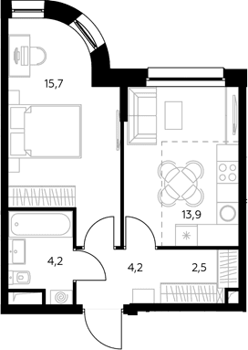 Планировка: 1-комнатная квартира 39,8 м² в ЖК «Адмирал»