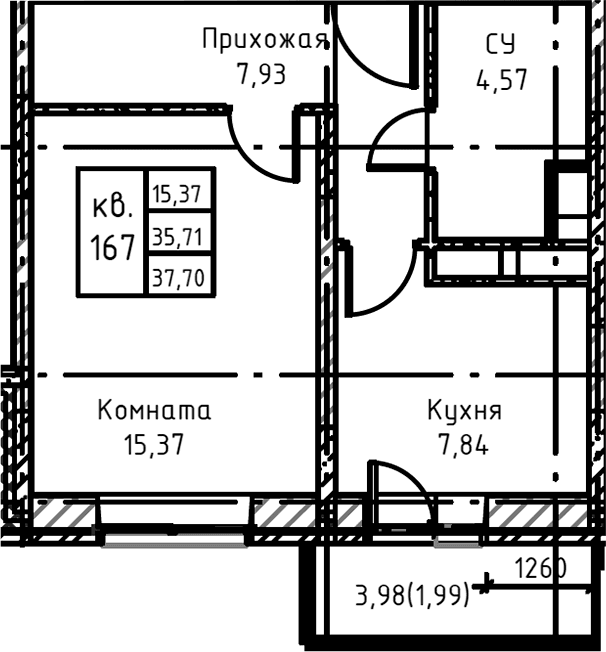 Планировка: 1-комнатная квартира 37,8 м² в ЖК «Высокий Берег»