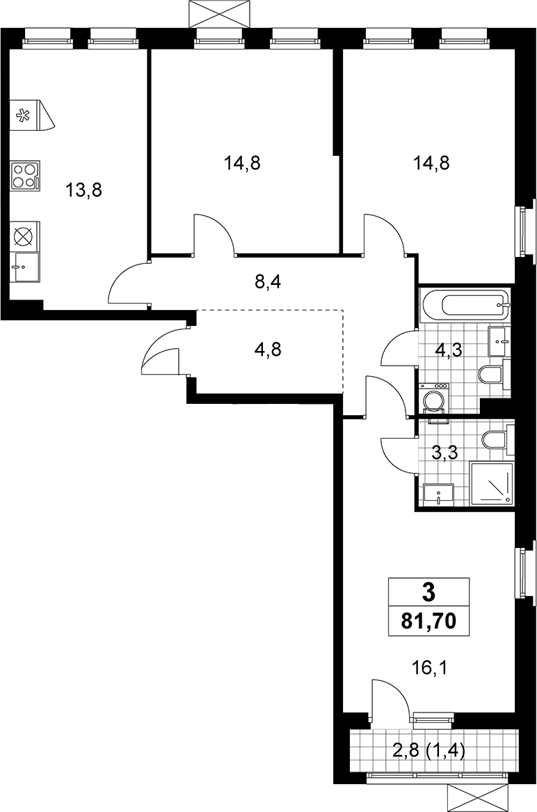 Планировка: 3-комнатная квартира 80,3 м² в ЖК «Прокшино»