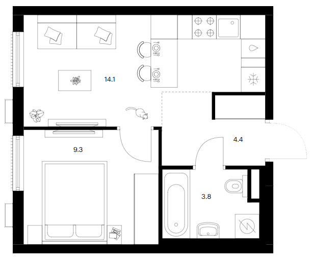 Планировка: 1-комнатная квартира 31,6 м² в ЖК «Москворечье»