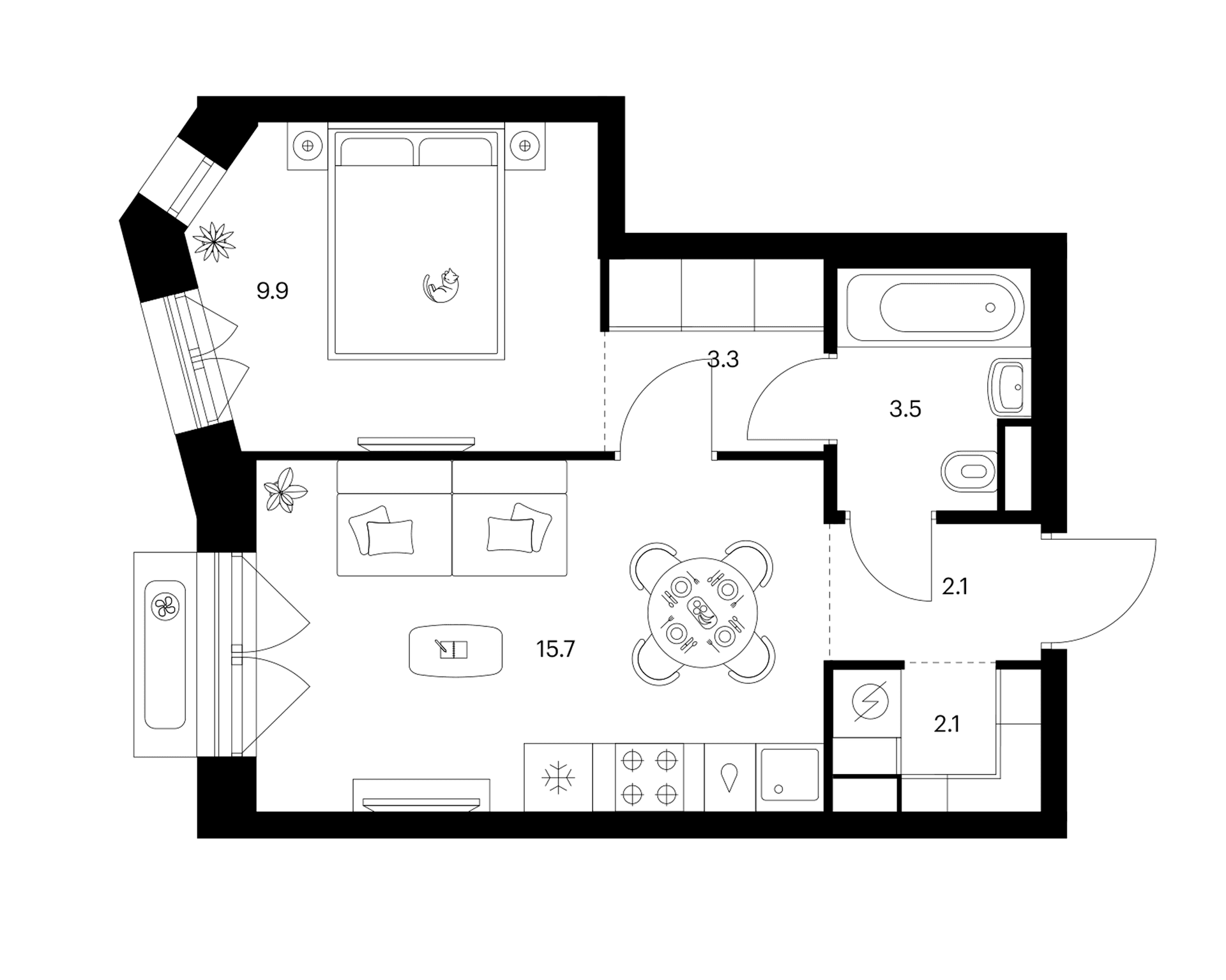 Планировка: 1-комнатная квартира 36,6 м² в ЖК «Мичуринский парк»