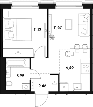Планировка: Евродвушка 35,7 м² в ЖК «ЭВО»