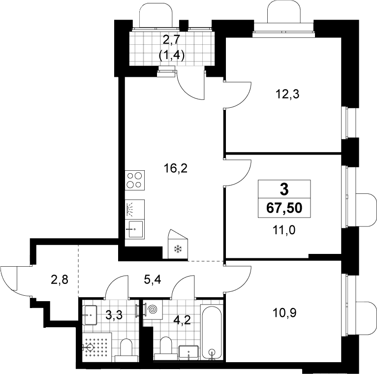 Планировка: Квартира евро-4 66,1 м² в ЖК «Прокшино»
