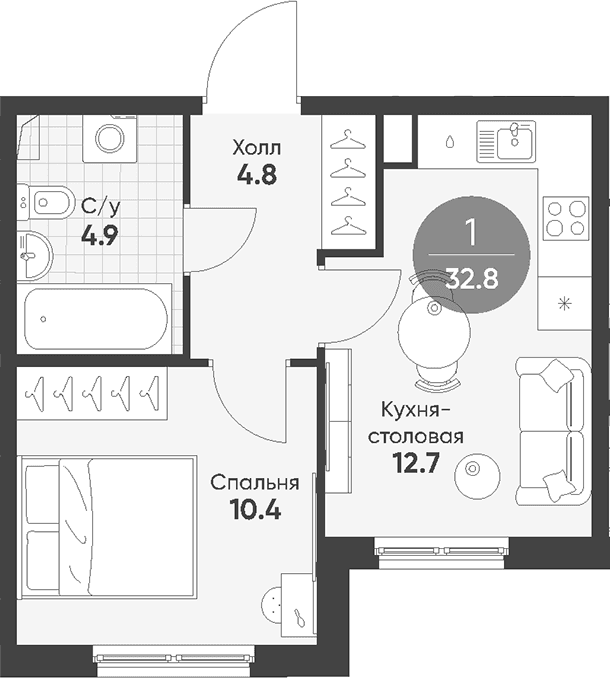 Планировка: 1-комнатная квартира 32,8 м² в ЖК «Клюква.Парк»