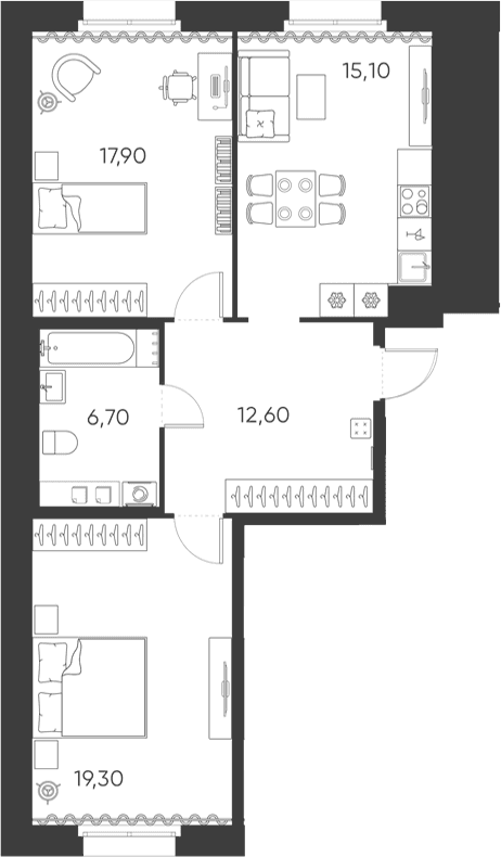 Планировка: Евротрёшка 73,4 м² в ЖК «Моисеенко, 10»