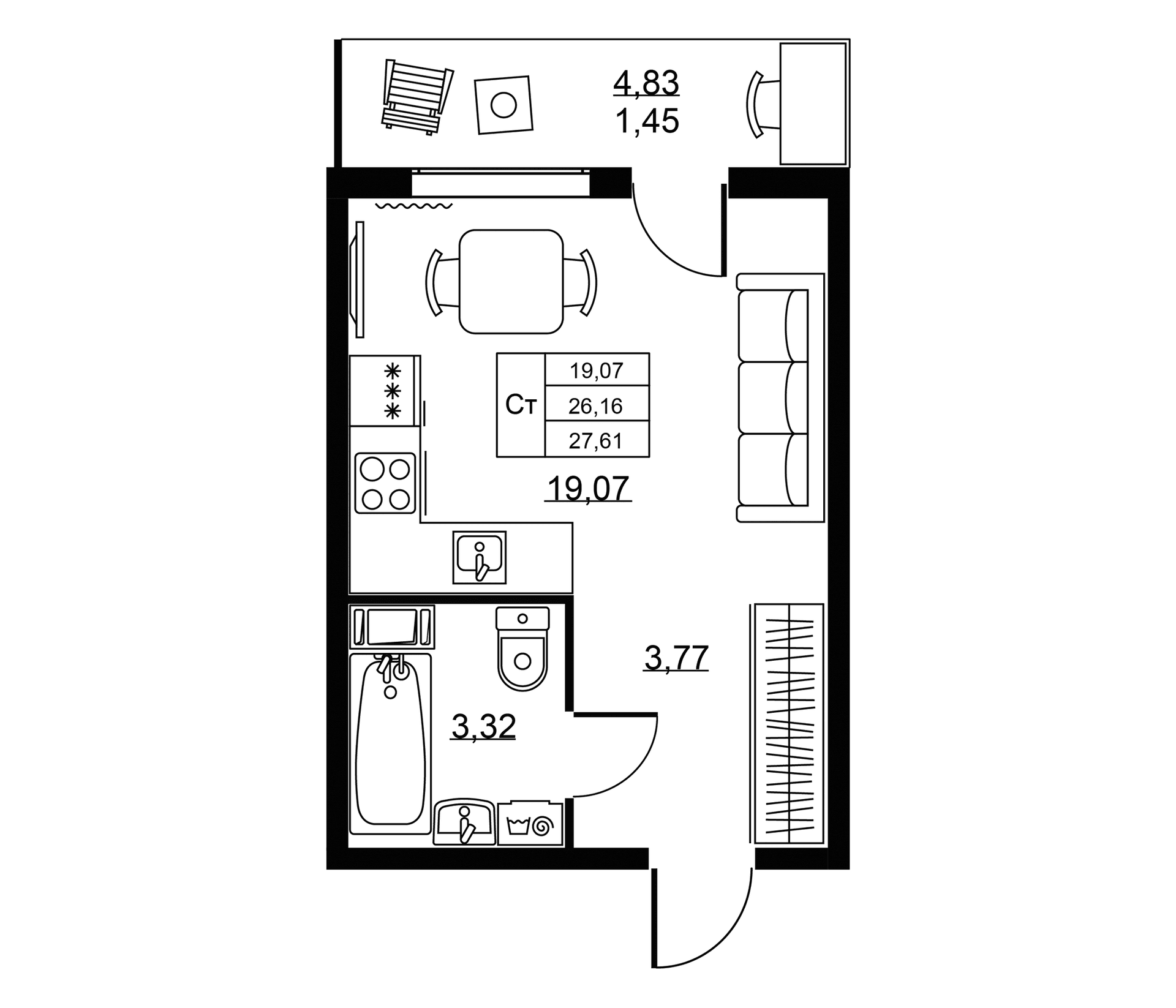 Планировка: Студия 26,2 м² в ЖК «Пулковское, 34»