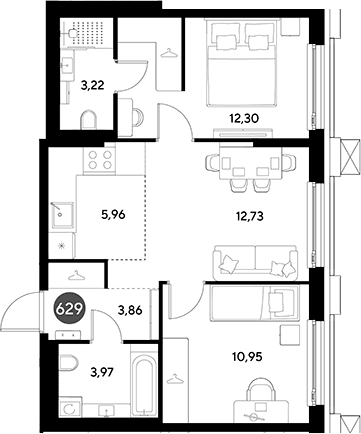 Планировка: Евротрёшка 53 м² в ЖК «ЭВО»