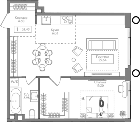 Планировка: Евродвушка 65,5 м² в ЖК «Преображенская площадь»