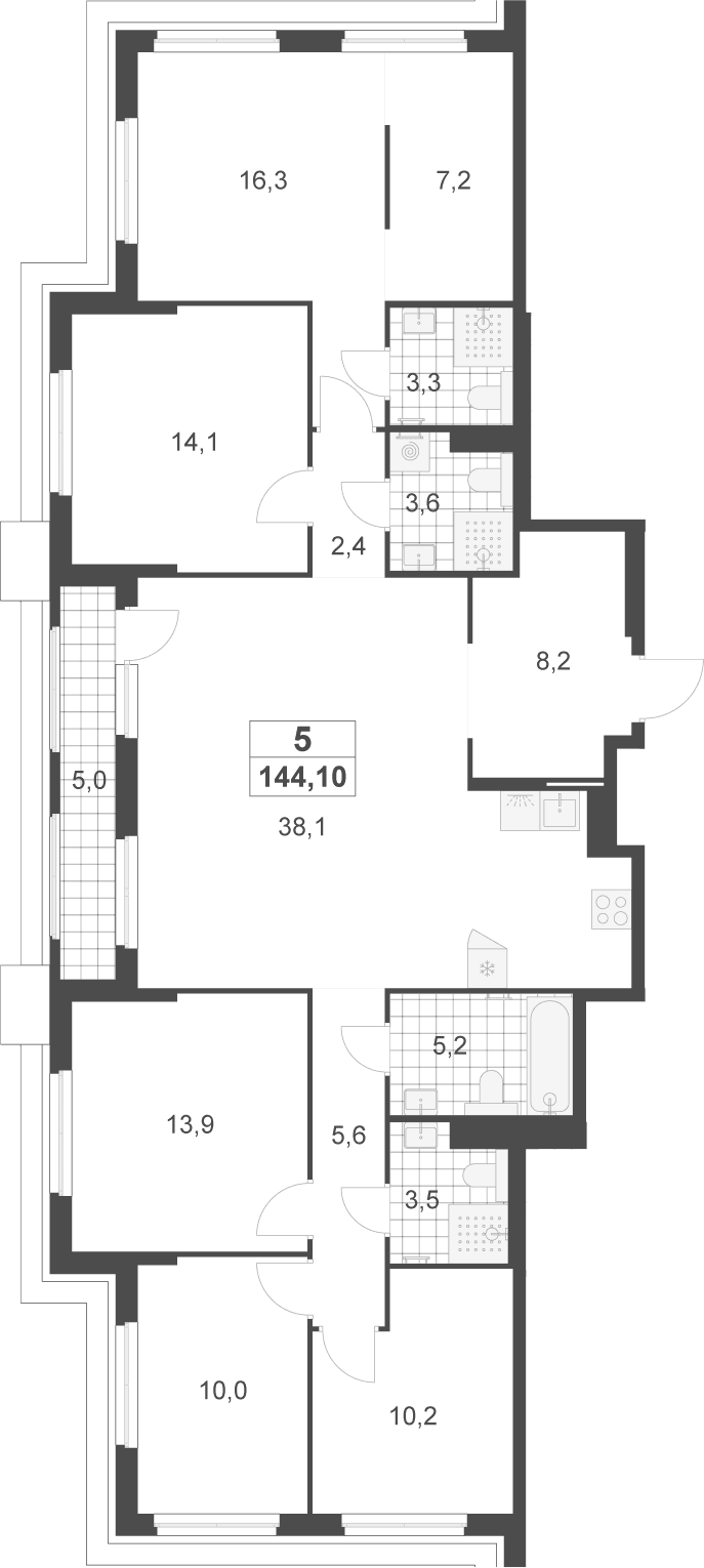 Планировка: 5-комнатная квартира 141,6 м² в ЖК «Деснаречье»