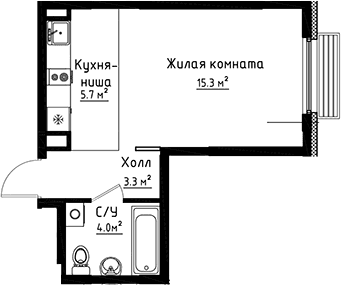 Планировка: Студия 28,3 м² в ЖК «Коллекция»