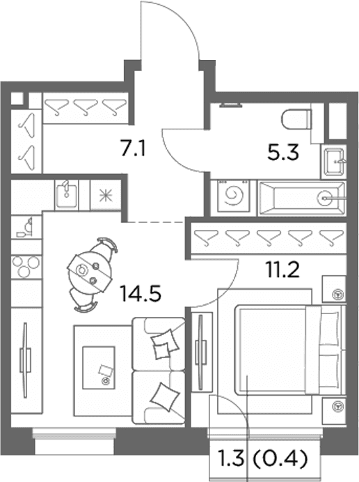 Планировка: 1-комнатная квартира 38,1 м² в ЖК «Станиславский»