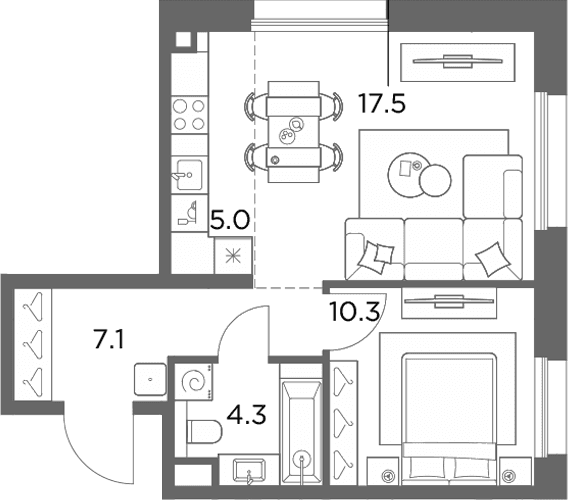 Планировка: Евродвушка 44,2 м² в ЖК «Станиславский»