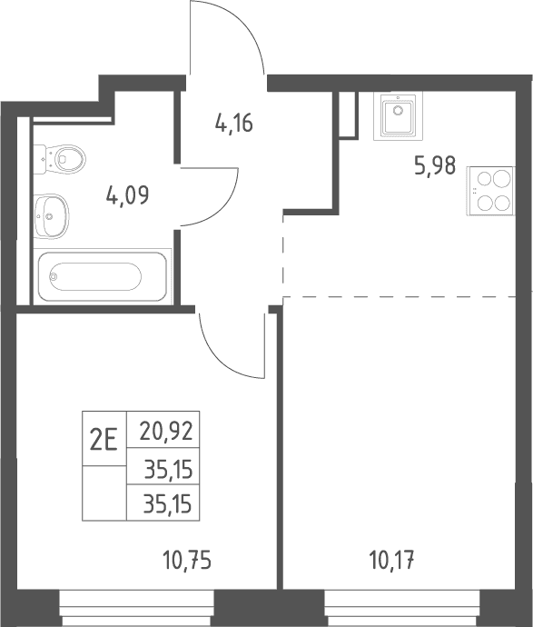 Планировка: Евродвушка 35,2 м² в ЖК «Квартал Ивакино»