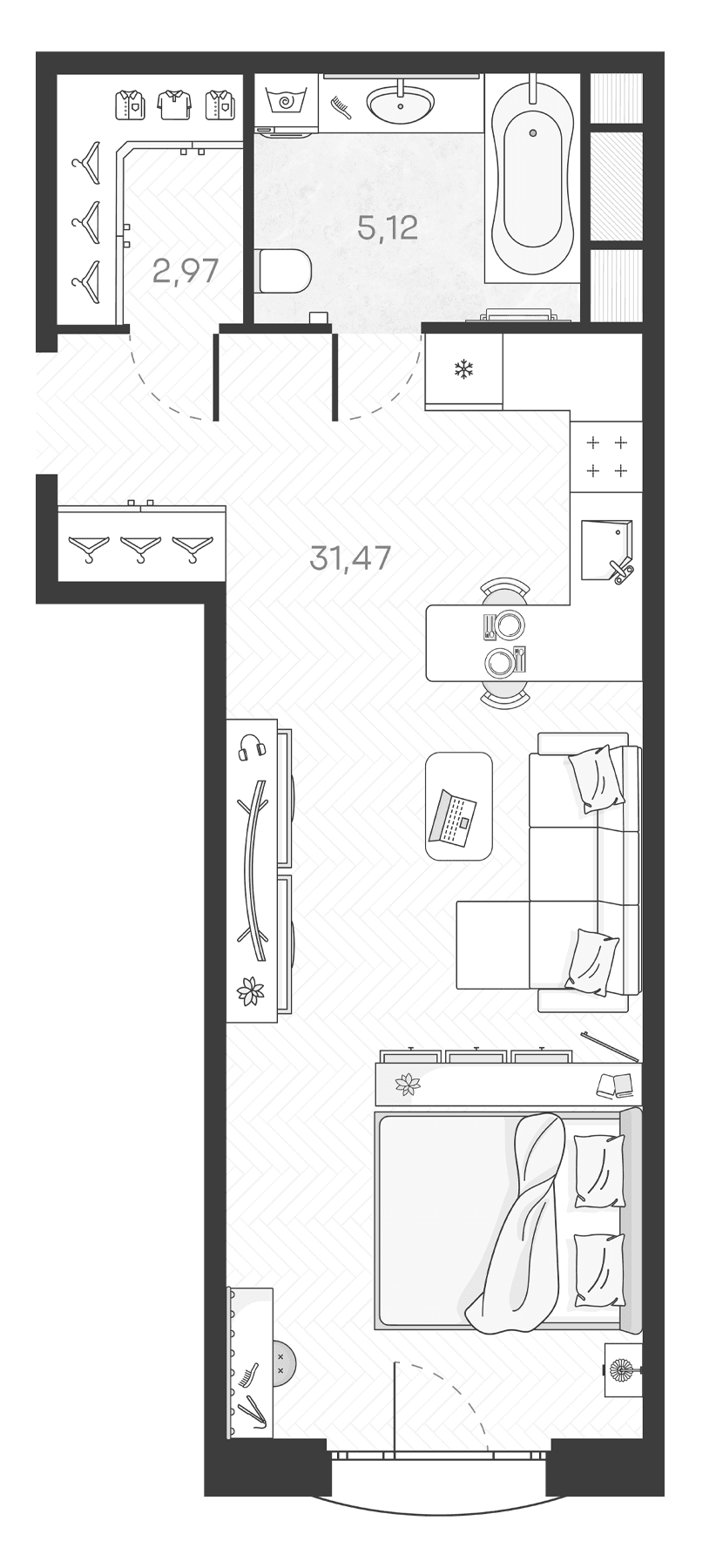 Планировка: Студия 39,6 м² в ЖК «Monodom Art»
