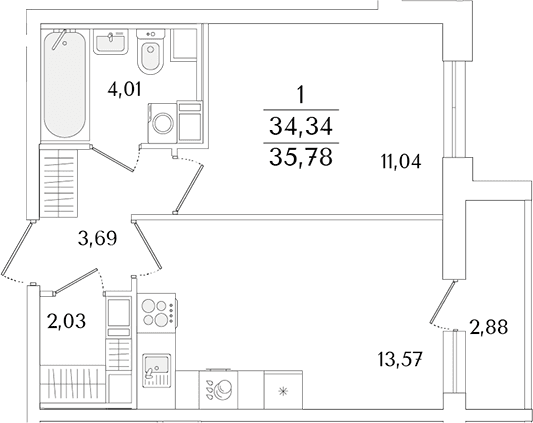 Планировка: Евродвушка 34,3 м² в ЖК «Кинопарк»