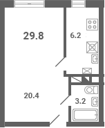 Планировка: 1-комнатная квартира 29,8 м² в ЖК «Южная Долина»