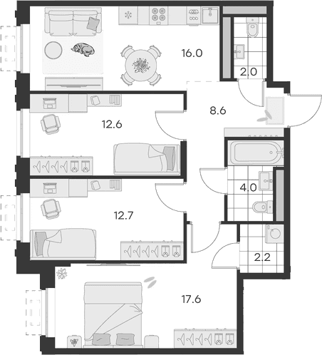 Планировка: 3-комнатная квартира 75,7 м² в ЖК «Михалевич»