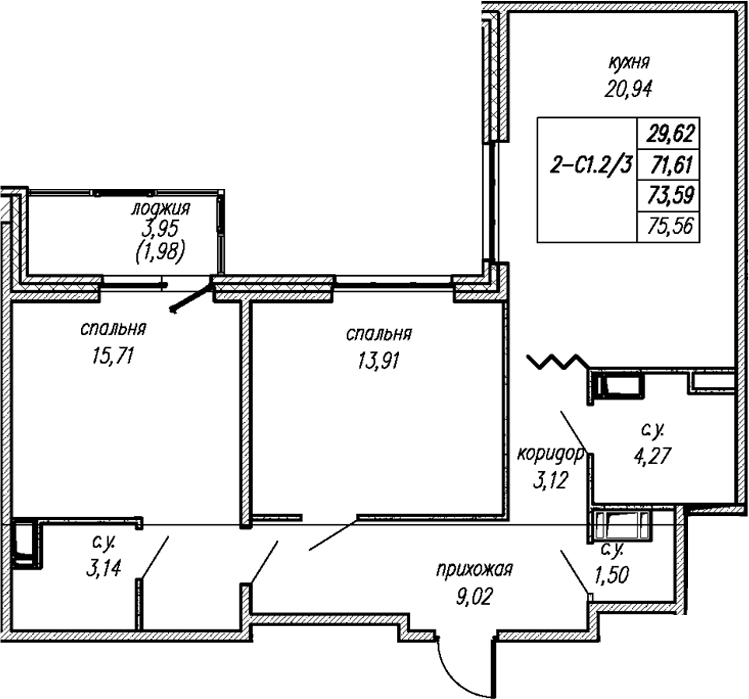 Планировка: 2-комнатная квартира 71,6 м² в ЖК «Уютный Новоселье»