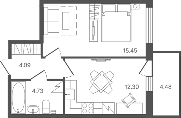 Планировка: 1-комнатная квартира 36,3 м² в ЖК «Рауни»