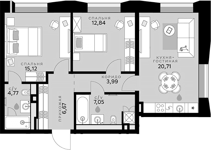 Планировка: Евротрёшка 71,2 м² в ЖК «СберСити»