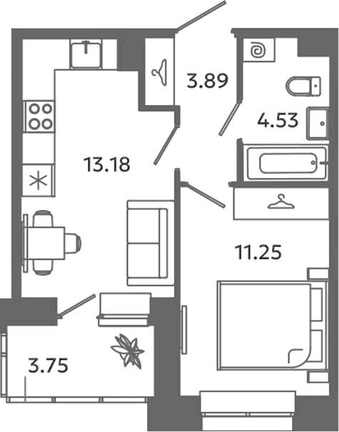 Планировка: Евродвушка 32,9 м² в ЖК «Загляденье»