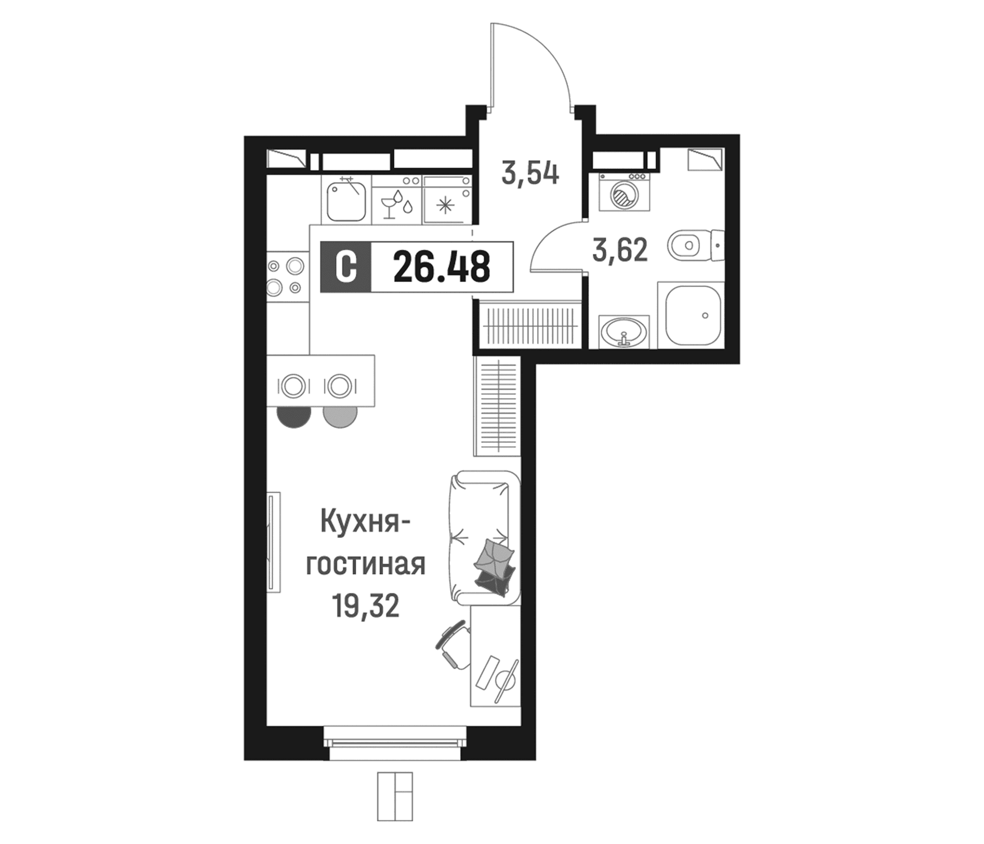 Планировка: Студия 26,5 м² в ЖК «Максималист»