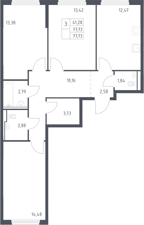 Планировка: 3-комнатная квартира 77,7 м² в ЖК «Пригород Лесное»