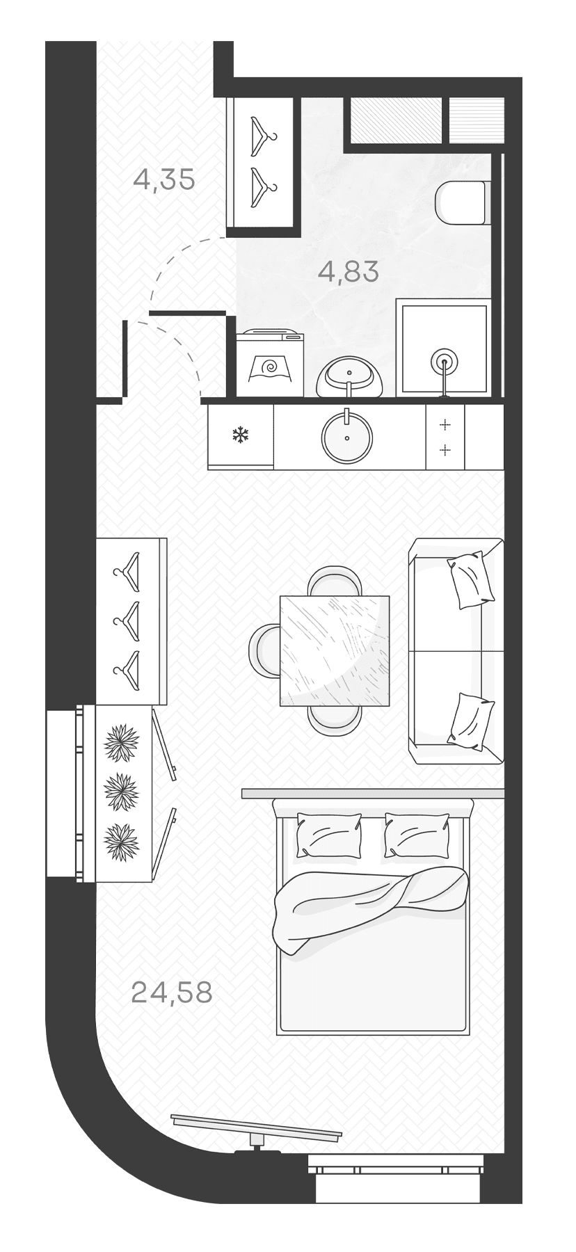 Планировка: Студия 33,8 м² в ЖК «Monodom Art»