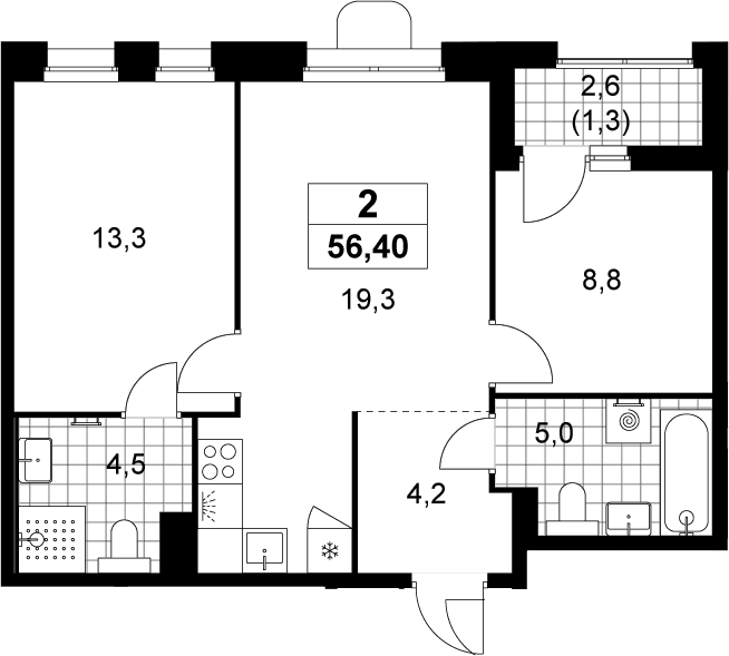 Планировка: Евротрёшка 55,1 м² в ЖК «Прокшино»