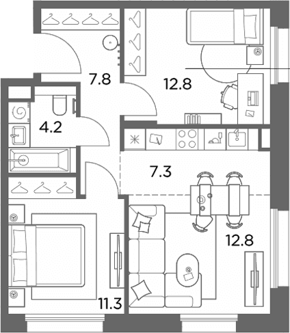 Планировка: Евротрёшка 56,2 м² в ЖК «Станиславский»