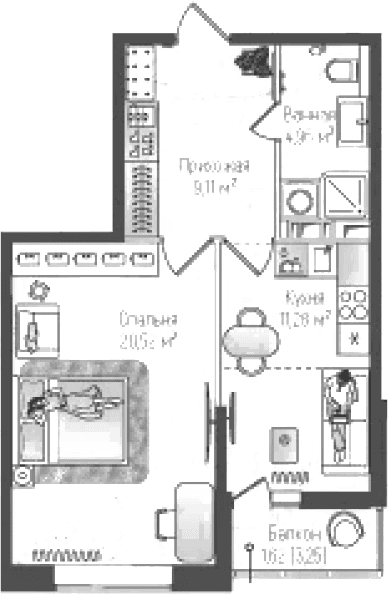 Планировка: 1-комнатная квартира 45,9 м² в ЖК «Рига Хиллс»