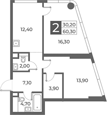 Планировка: 2-комнатная квартира 60,3 м² в ЖК «Даниловский от Гранель»