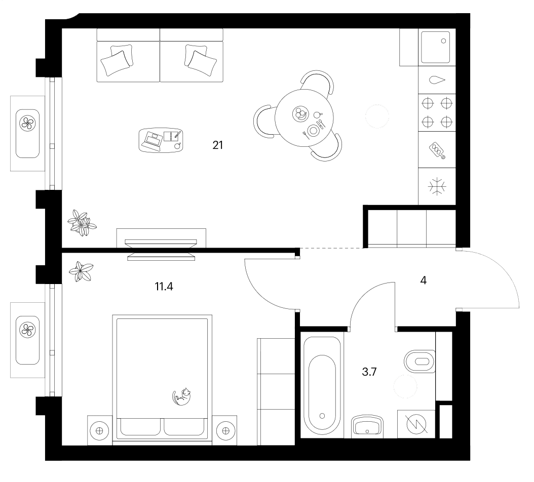 Планировка: 1-комнатная квартира 40,1 м² в ЖК «Белая Дача парк»