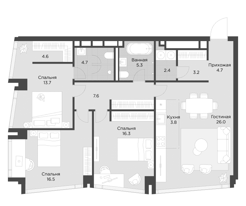 Планировка: Квартира евро-4 108,2 м² в ЖК «Ахед»