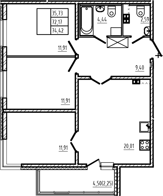 Планировка: Квартира евро-4 72,2 м² в ЖК «Новая история»