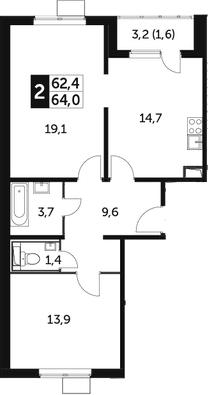 Планировка: 2-комнатная квартира 62,4 м² в ЖК «Южная Битца»