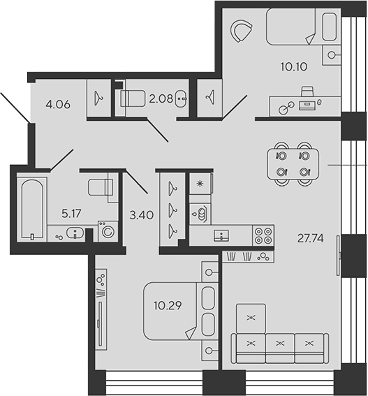 Планировка: Евротрёшка 62,8 м² в ЖК «BASHNI ELEMENT»