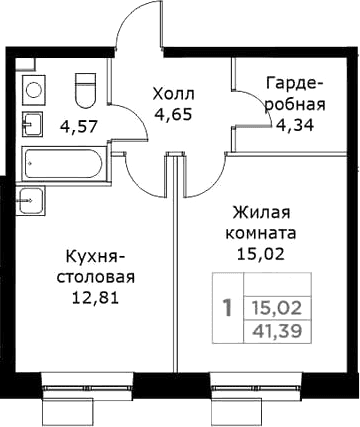 Планировка: 1-комнатная квартира 41,4 м² в ЖК «КИТ»