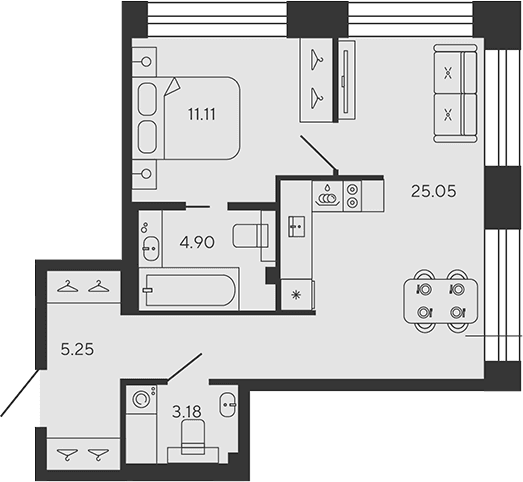 Планировка: Евродвушка 49,5 м² в ЖК «BASHNI ELEMENT»