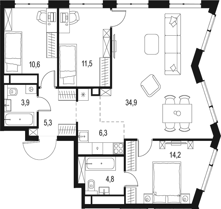 Планировка: Квартира евро-4 91,5 м² в ЖК «Левел Мичуринский»