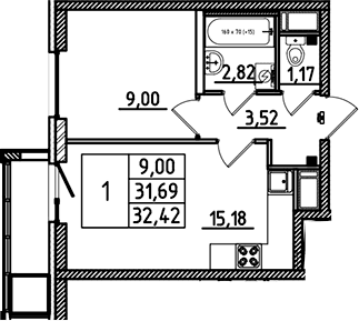 Планировка: Евродвушка 31,7 м² в ЖК «Южный Форт»