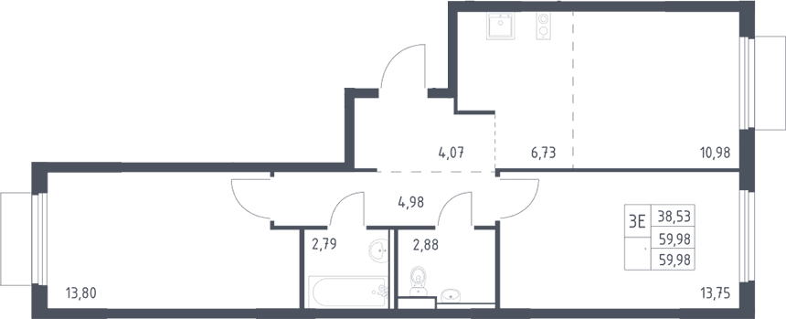 Планировка: Евротрёшка 60 м² в ЖК «Пригород Лесное»