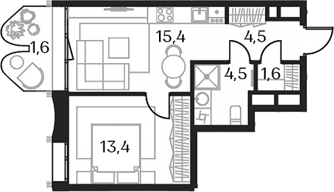 Планировка: Евродвушка 39,4 м² в ЖК «Союз»