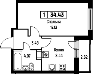 Планировка: 1-комнатная квартира 33,1 м² в ЖК «Урбанист»