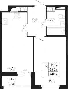 Планировка: Евродвушка 38,6 м² в ЖК «Сандэй»