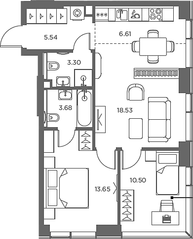 Планировка: Евротрёшка 61,8 м² в ЖК «TATE»
