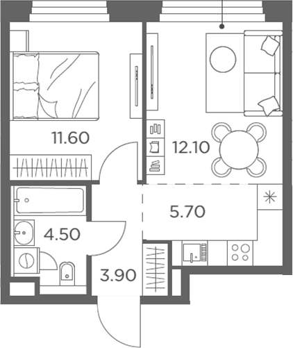 Планировка: Евродвушка 37,8 м² в ЖК «Белый Град»